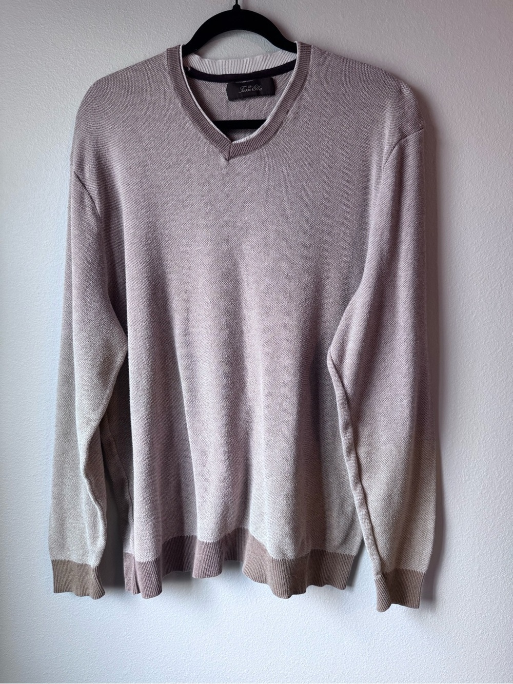 Tasso Elba Men's V-Neck Sweater in Light Taupe and Brown Trim